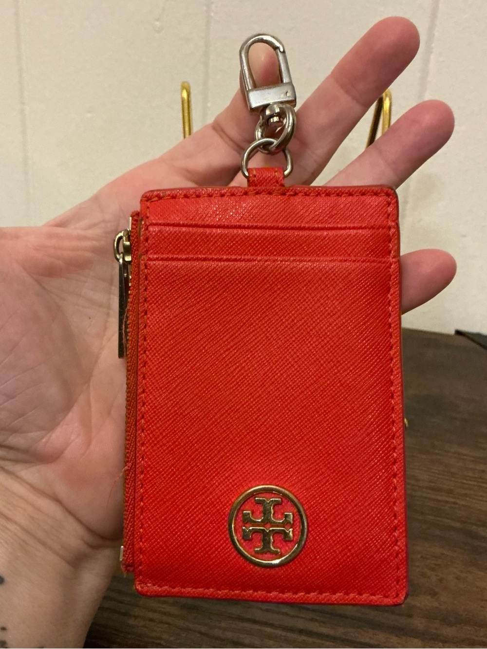 Rare Orange Leather Tory Burch Lanyard ID Wallet Only Lanyard Strap Not Included